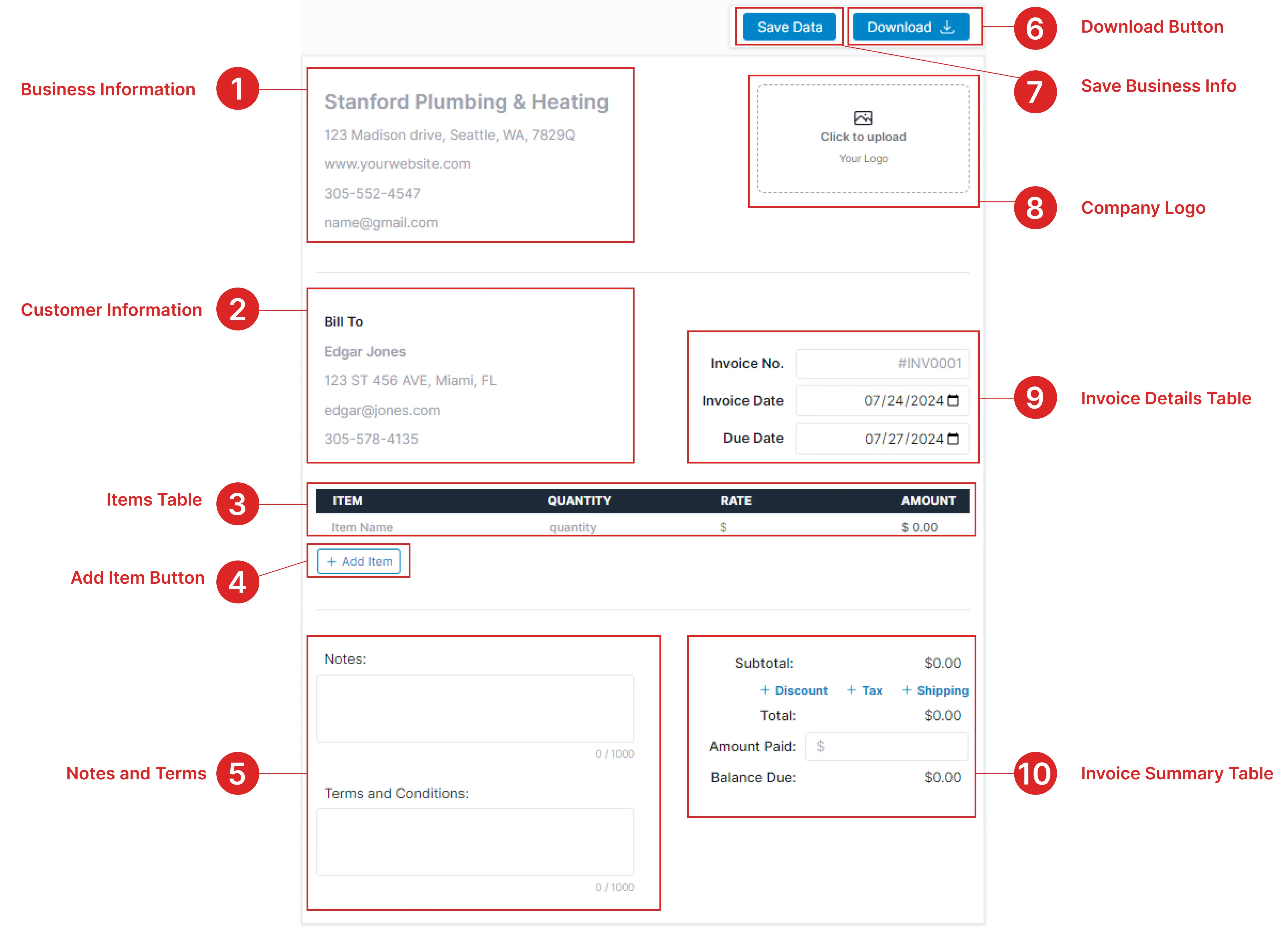 Annotated guide showing all parts of the Amazing Invoice generator with numbered labels
